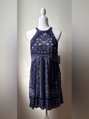 NWT Altar’d State Navy Paisley Halter Fit & Flare Dress Size M